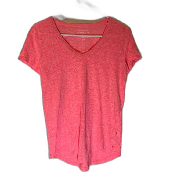 Gap Women's Normcore Casual Neon Pink Linen Blnd Round VNeck Short Sleeve Tee XS - Picture 1 of 3